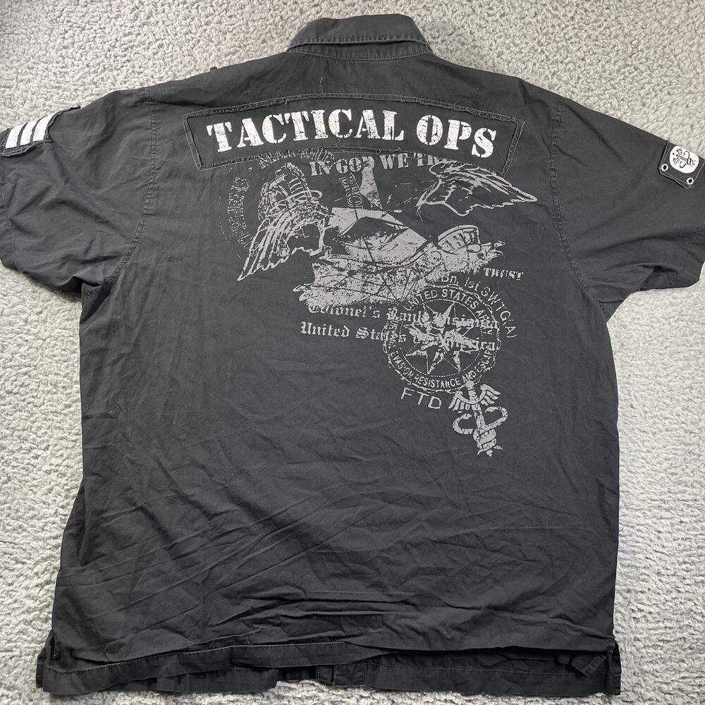 Raw Blue Tactical Ops Military Graphic Short Sleeve Button Shirt Mens XXL Y2K